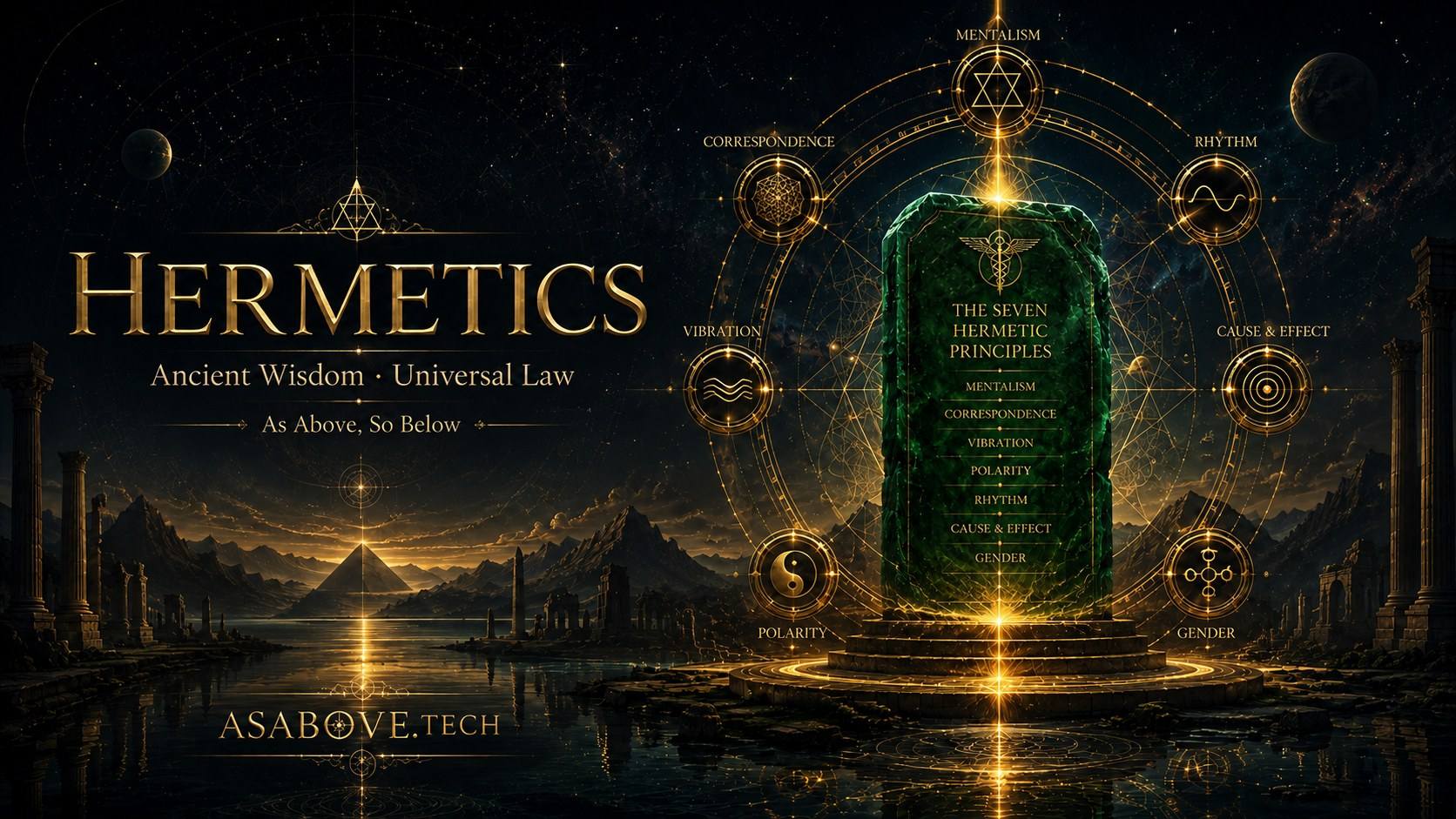 Hermetics ... Ancient Wisdom, Universal Law, As Above So Below. The Seven Hermetic Principles inscribed on the Emerald Tablet: Mentalism, Correspondence, Vibration, Polarity, Rhythm, Cause and Effect, Gender.