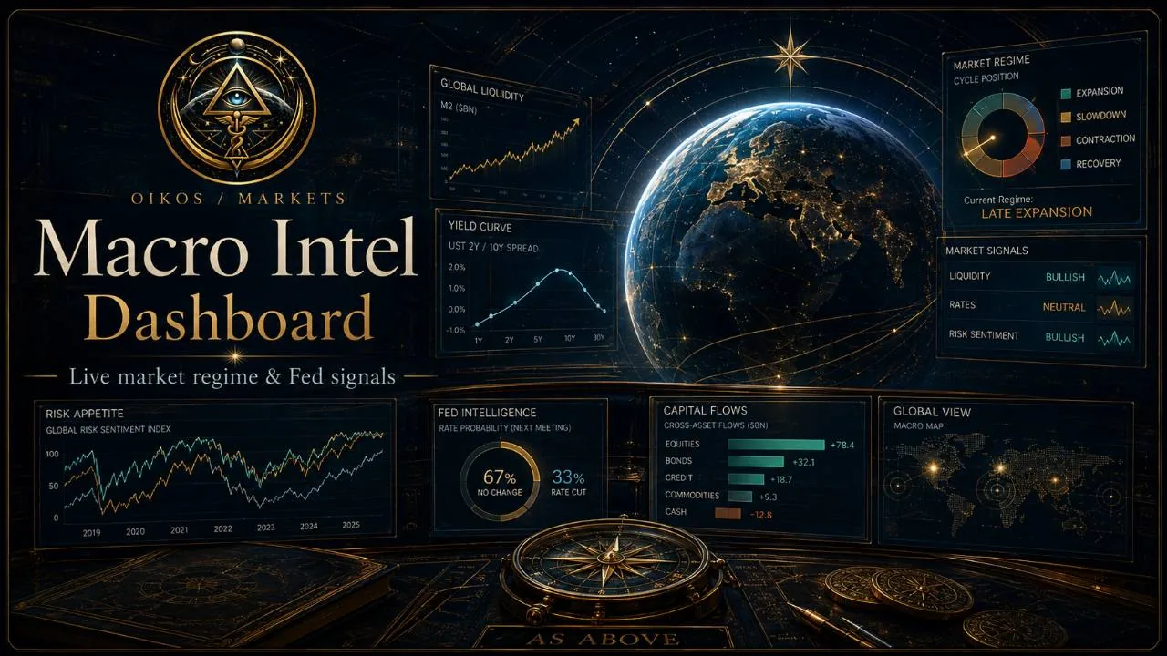 Oikos Macro Intel Dashboard with global liquidity, yield curve, market regime, Fed signals, and capital-flow panels