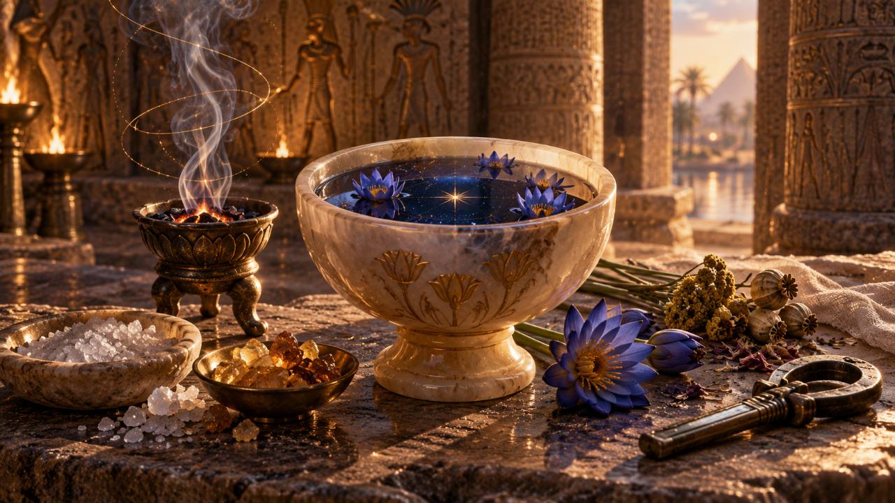 Conceptual still life of blue flowers, a reflective bowl and incense in a golden temple setting.
