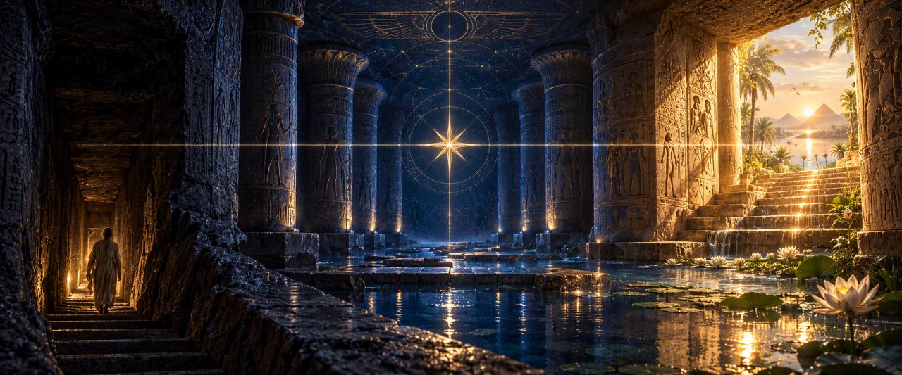 An imagined dark temple chamber with a reflecting pool opens onto a sunlit stairway beside water lilies.