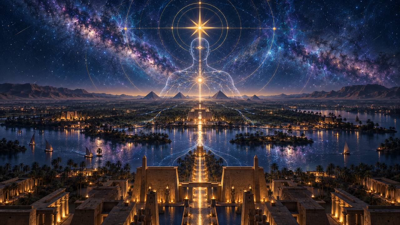 An imagined Nile landscape beneath the stars, with a luminous human outline linking the city and cosmos.