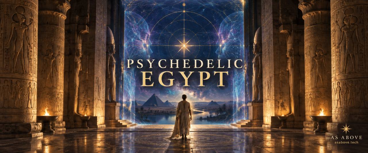Psychedelic Egypt: a figure stands in an imagined temple doorway opening onto a blue star field.