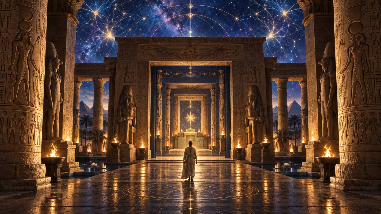 A solitary figure approaches a series of golden temple gateways beneath a star-filled sky.