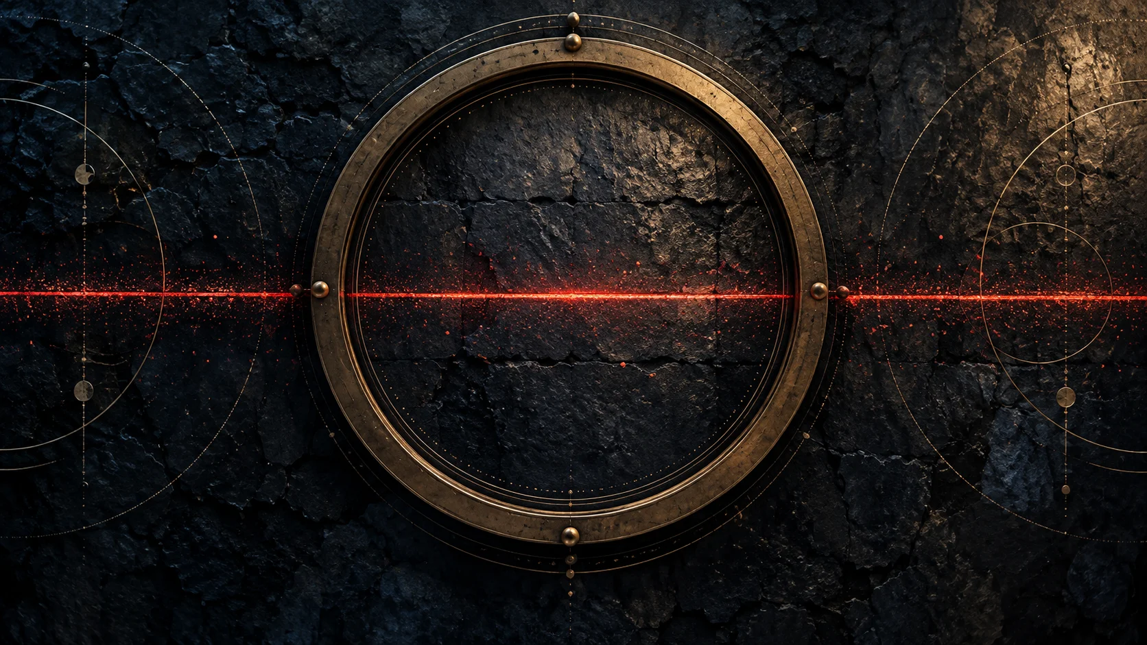 Conceptual gold aperture framing a red line across a dark textured wall