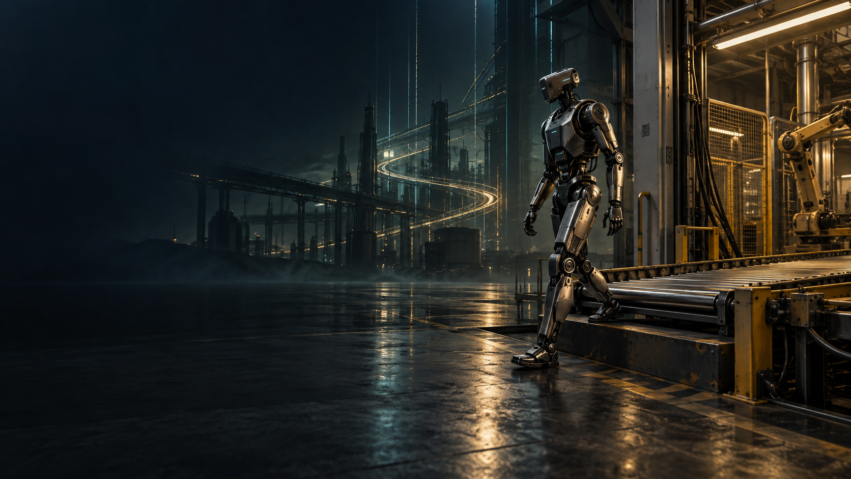 A humanoid steps from an industrial production line as capital-flow lines converge toward the factory