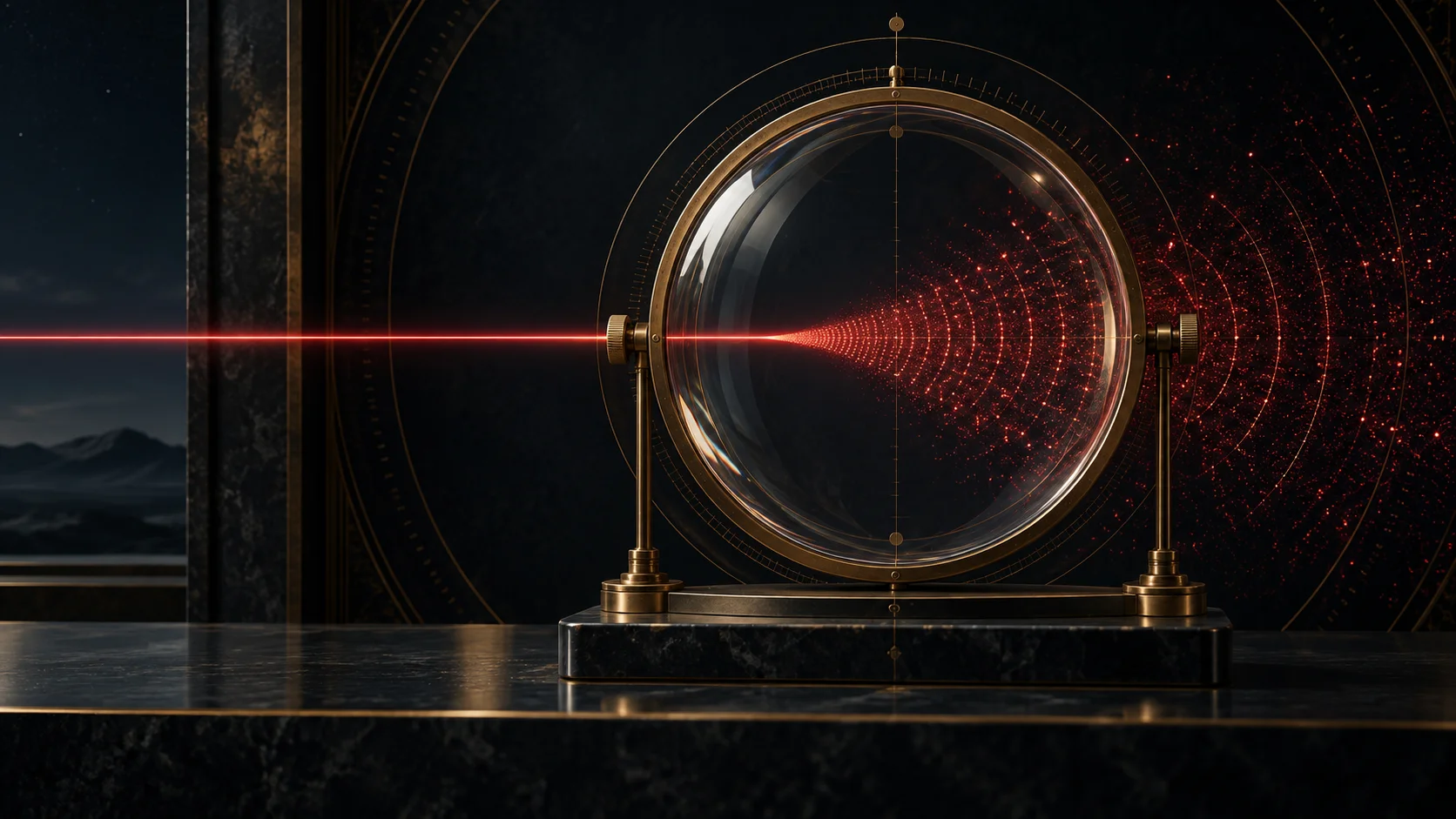 Conceptual brass-framed lens with a red line opening into an abstract field of light