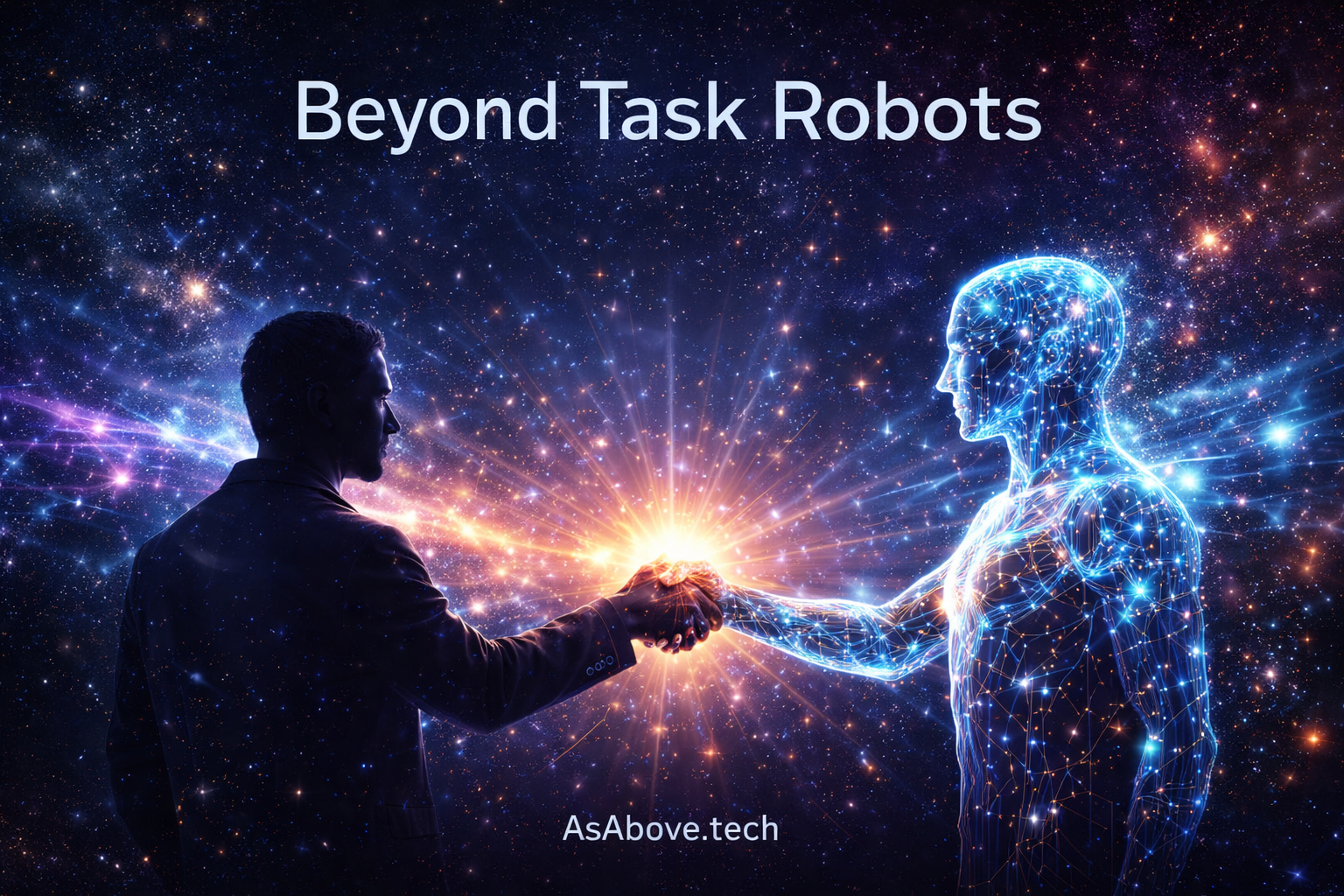 Human and AI shaking hands in cosmic space - Beyond Task Robots