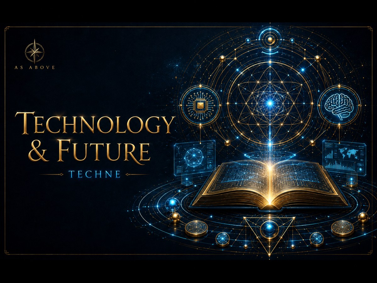 Technology and Future ... Techne, represented by intelligence networks, computation, and an illuminated book