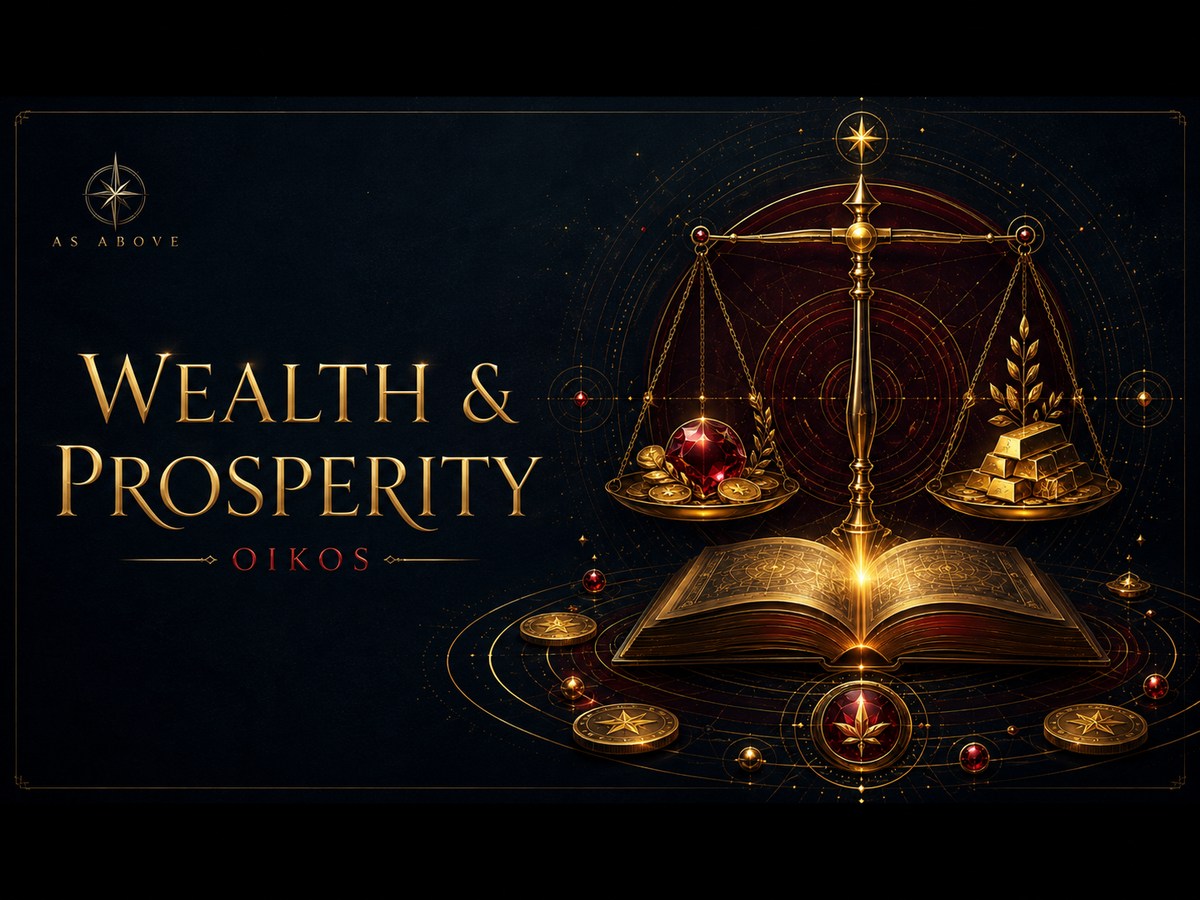 Wealth and Prosperity ... Oikos, represented by golden scales, capital, and an illuminated book