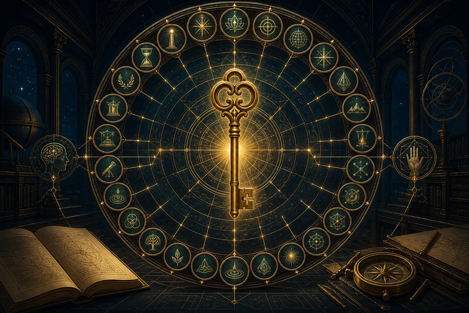 A luminous golden master key at the center of a twenty-four-station geometric system in a dark celestial library