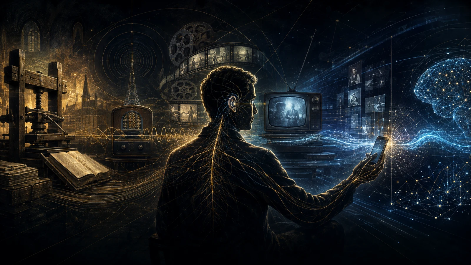 A human figure whose senses and nervous system extend into print, radio, television, smartphones, and artificial intelligence