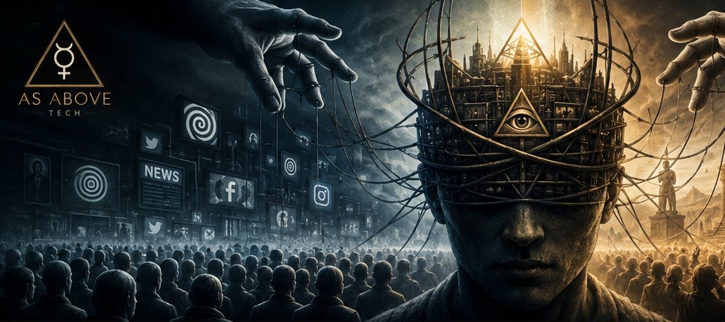 A crowd below a figure whose head is caged in wire and city lights, worked by puppet strings from unseen hands, with news and social feeds on one side and a classical temple on the other.