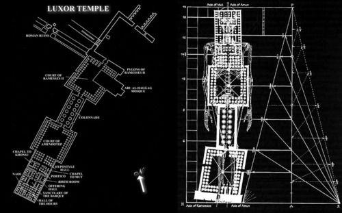 Schwaller de Lubicz's skeletal overlay of the Temple of Luxor ground plan
