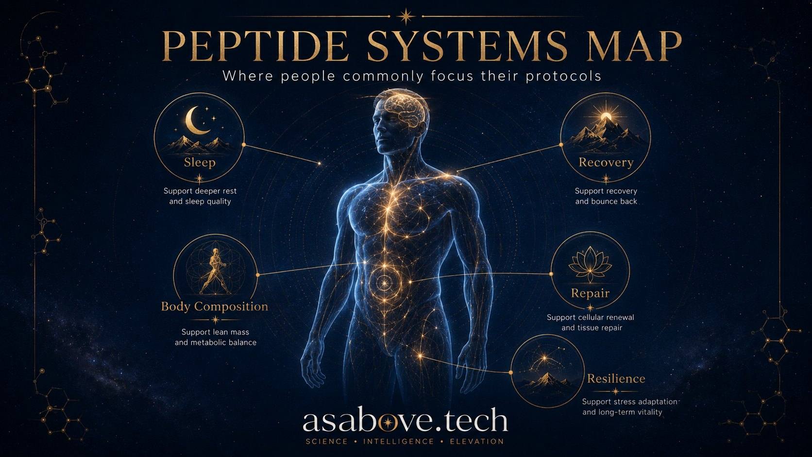 Peptide systems map: the five areas people commonly target with peptide protocols, including sleep, recovery, body composition, repair, and resilience